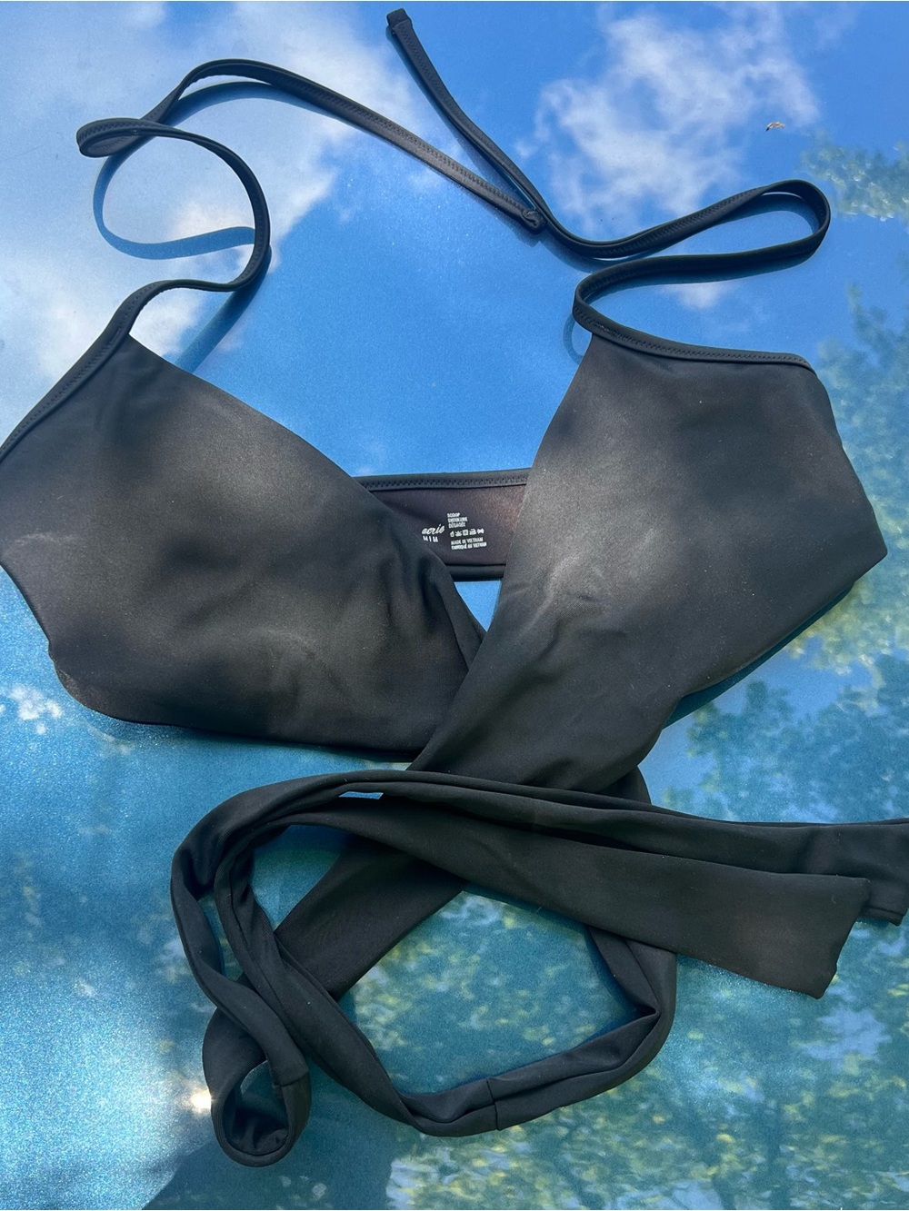 Aerie Scoop Halter Plunge V-Neck Wrap Around Tie Belt Swim Bikini Top Black M